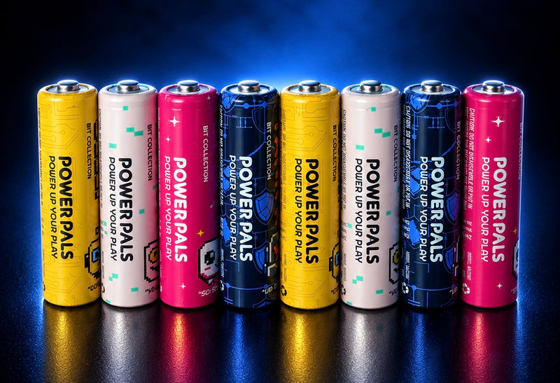 Line-up of eight Power Pals rechargeable batteries
